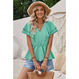 Solid V Neck Ruffle Trim Peplum Tee - MVTFASHION.COM