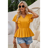 Solid V Neck Ruffle Trim Peplum Tee - MVTFASHION.COM