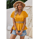 Solid V Neck Ruffle Trim Peplum Tee - MVTFASHION.COM