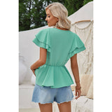 Solid V Neck Ruffle Trim Peplum Tee - MVTFASHION.COM