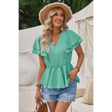 Solid V Neck Ruffle Trim Peplum Tee - MVTFASHION.COM