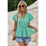 Solid V Neck Ruffle Trim Peplum Tee - MVTFASHION.COM