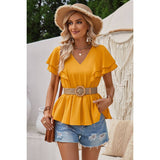 Solid V Neck Ruffle Trim Peplum Tee - MVTFASHION.COM