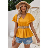 Solid V Neck Ruffle Trim Peplum Tee - MVTFASHION.COM