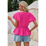 Solid V Neck Ruffle Trim Peplum Tee - MVTFASHION.COM