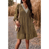 Speckle Lace Accent Tiered Puff Sleeve Dress - MVTFASHION