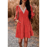 Speckle Lace Accent Tiered Puff Sleeve Dress - MVTFASHION