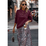 Spice Button Trim Lapel Solid Round Neck Pullover - MVTFASHION.COM