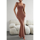 Square Neck Solid Fit Bodycon Wrap Fishtail Dress - MVTFASHION