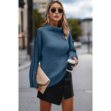 Strip Color Block High Neck Loose Fit Knit Sweater - MVTFASHION.COM