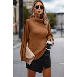 Strip Color Block High Neck Loose Fit Knit Sweater - MVTFASHION.COM
