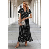 Strip Knot Belt Split V Neck Hem Ruffle Fit Dress - MVTFASHION