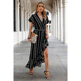 Strip Knot Belt Split V Neck Hem Ruffle Fit Dress - MVTFASHION