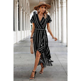 Strip Knot Belt Split V Neck Hem Ruffle Fit Dress - MVTFASHION