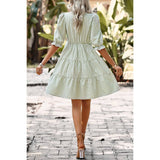 Strip V Neck Button Puff Sleeves High Waist Dress - MVTFASHION