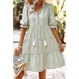 Strip V Neck Button Puff Sleeves High Waist Dress - MVTFASHION