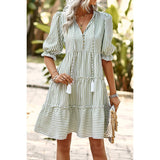 Strip V Neck Button Puff Sleeves High Waist Dress - MVTFASHION