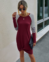 Striped Leopard Print Long Sleeve Dress - MVTFASHION