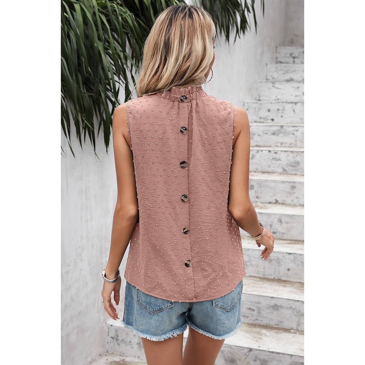 Swiss Dot Button Trim Sleeveless Loose Top - MVTFASHION.COM