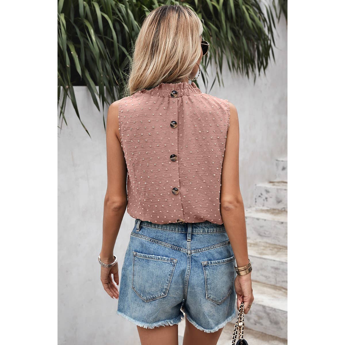 Swiss Dot Button Trim Sleeveless Loose Top - MVTFASHION.COM