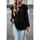 Swiss Dot Ruffle Trim Lantern Sleeve Blouse - MVTFASHION.COM