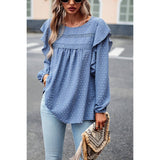 Swiss Dot Ruffle Trim Lantern Sleeve Blouse - MVTFASHION.COM