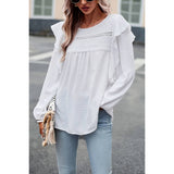 Swiss Dot Ruffle Trim Lantern Sleeve Blouse - MVTFASHION.COM