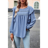 Swiss Dot Ruffle Trim Lantern Sleeve Blouse - MVTFASHION.COM