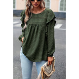 Swiss Dot Ruffle Trim Lantern Sleeve Blouse - MVTFASHION.COM