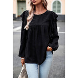 Swiss Dot Ruffle Trim Lantern Sleeve Blouse - MVTFASHION.COM