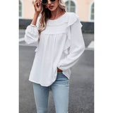 Swiss Dot Ruffle Trim Lantern Sleeve Blouse - MVTFASHION.COM