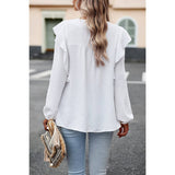 Swiss Dot Ruffle Trim Lantern Sleeve Blouse - MVTFASHION.COM