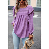 Swiss Dot Ruffle Trim Lantern Sleeve Blouse - MVTFASHION.COM