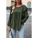 Swiss Dot Ruffle Trim Lantern Sleeve Blouse - MVTFASHION.COM