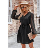 Swiss Dot Sheer V Neck Solid Belt Short Dress - MVTFASHION