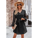 Swiss Dot Sheer V Neck Solid Belt Short Dress - MVTFASHION