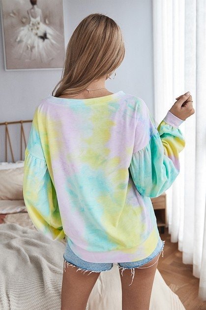 Trendy Tie Dye Puff Sleeve Sweatshirt - MVTFASHION