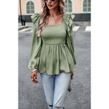 Truffle Solid Ruffle Sleeve Square Neck Blouse - MVTFASHION