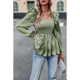 Truffle Solid Ruffle Sleeve Square Neck Blouse - MVTFASHION