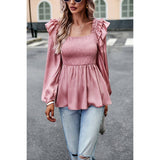 Truffle Solid Ruffle Sleeve Square Neck Blouse - MVTFASHION