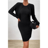 Two Piece Button Crew Neck Plain Midi Dress Set - MVTFASHION