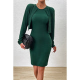 Two Piece Button Crew Neck Plain Midi Dress Set - MVTFASHION