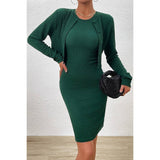 Two Piece Button Crew Neck Plain Midi Dress Set - MVTFASHION