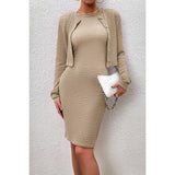 Two Piece Button Crew Neck Plain Midi Dress Set - MVTFASHION