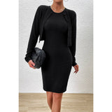 Two Piece Button Crew Neck Plain Midi Dress Set - MVTFASHION