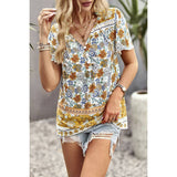 V Neck Floral Print Loose Fit Sleeve Ruffle Top - MVTFASHION