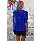 V Neck Half Sleeve Chiffon Ruffle Loose Blouse - MVTFASHION.COM