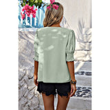 V Neck Half Sleeve Chiffon Ruffle Loose Blouse - MVTFASHION.COM