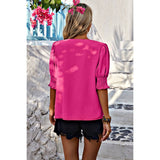 V Neck Half Sleeve Chiffon Ruffle Loose Blouse - MVTFASHION.COM