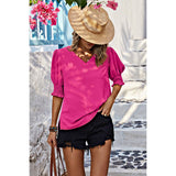 V Neck Half Sleeve Chiffon Ruffle Loose Blouse - MVTFASHION.COM